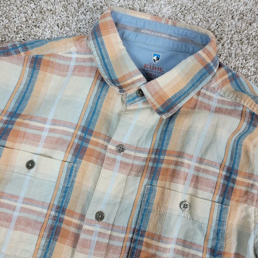 Kuhl Mens Small‎ Brown Plaid Button Up Short Sleeve Workshirt Linen Blend